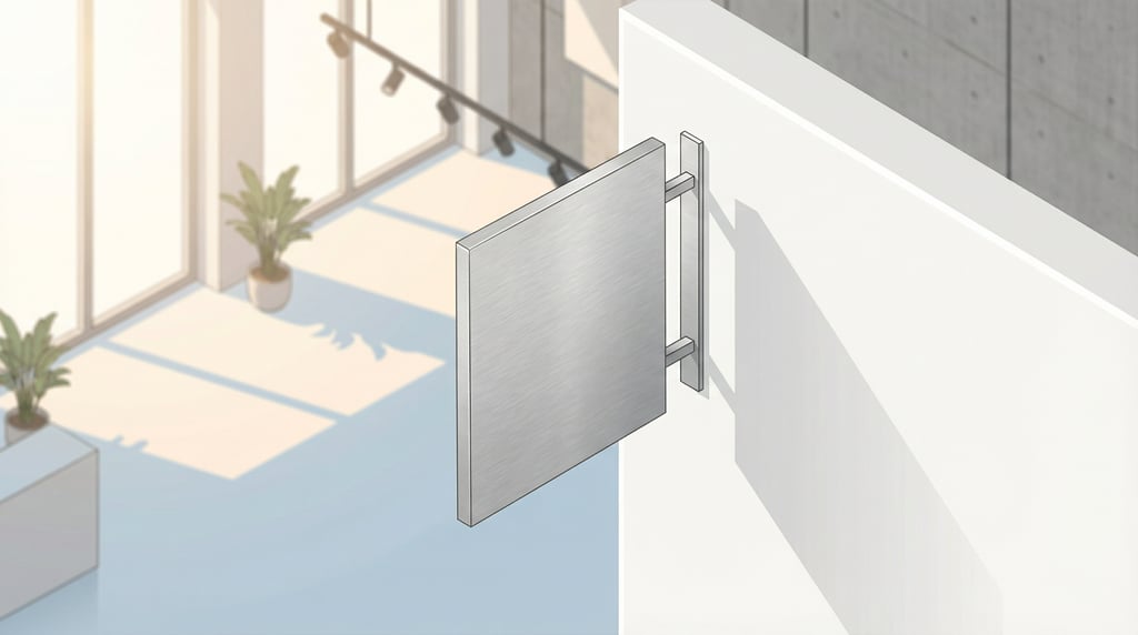 Isometric view, square wall-mounted blade sign in a bright gallery-style interior