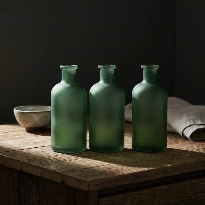 Wide glass bottle in matte forest green, three in a row