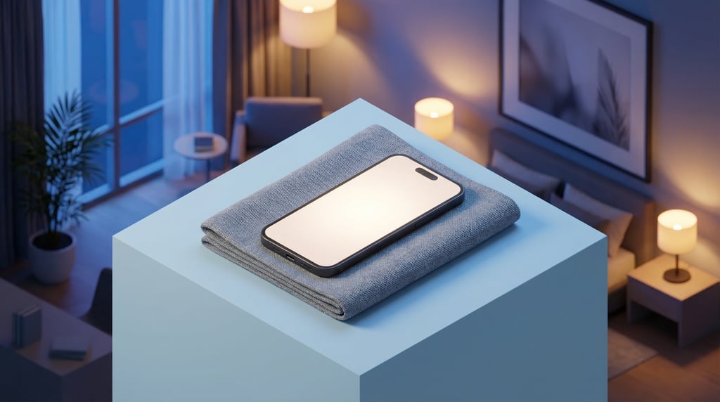 Isometric view, modern smartphone on a folded grey cloth