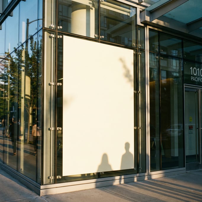 Window decal on glass storefront on a modern building exterior with glass panels
