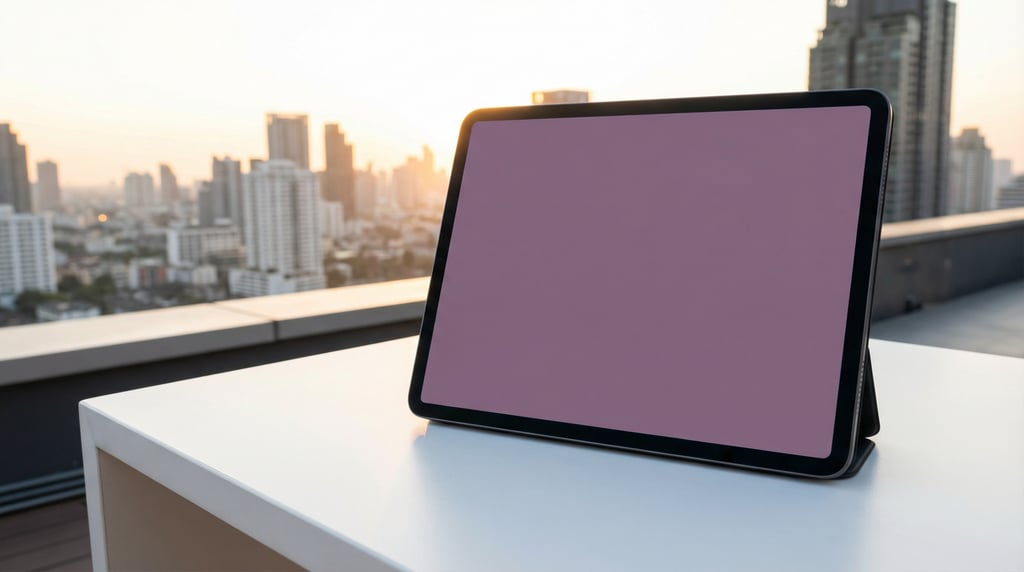 Pro tablet on a clean minimal white desk, blank solid dusty purple screen with no content or UI