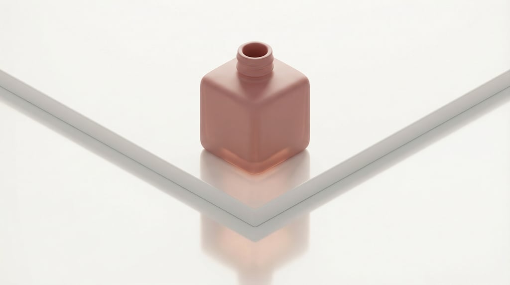 Isometric view, square glass bottle in matte dusty rose, single with reflection below
