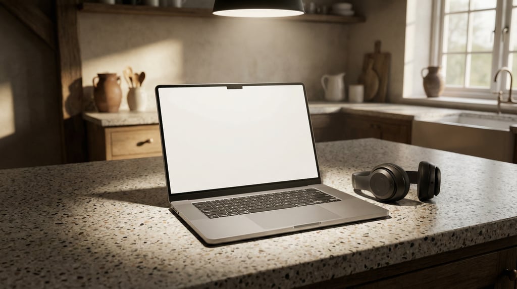 Premium laptop on a terrazzo surface, blank solid pearl screen with no content or UI