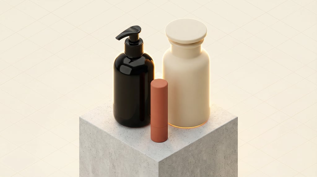 Isometric view, lotion pump bottle in glossy black and lip balm tube in matte terracotta and tall ap