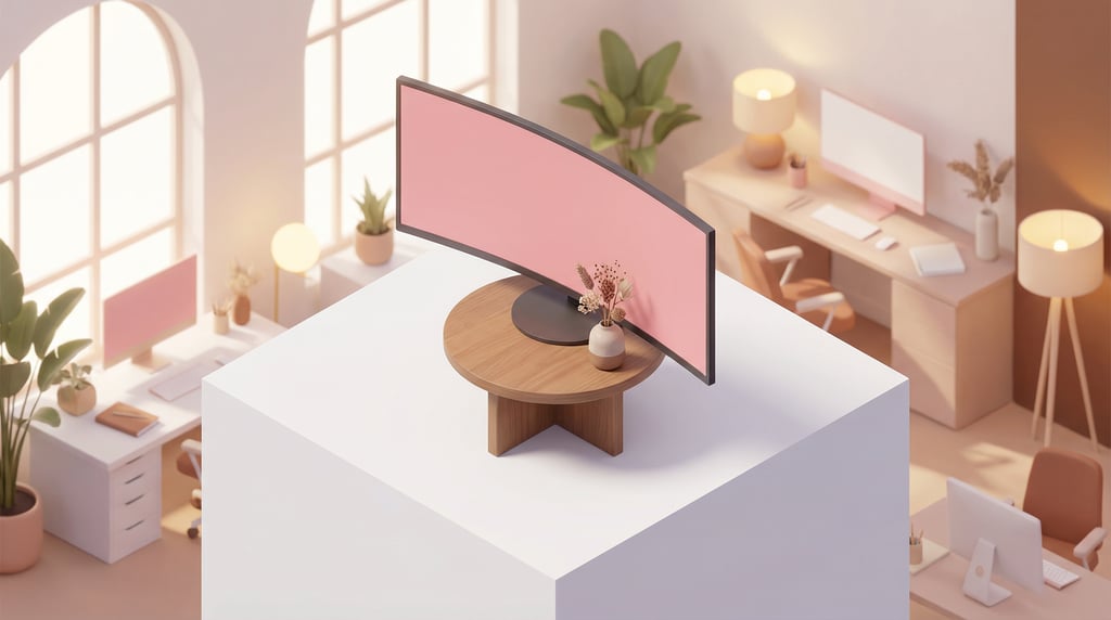 Isometric view, ultrawide curved monitor on a round wooden side table