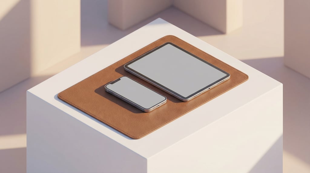 Isometric view, phone lying next to a tablet on a leather desk pad