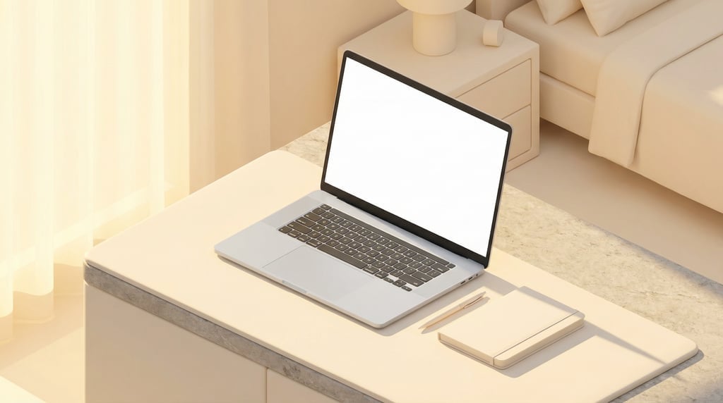 Isometric view, sleek laptop on a stone countertop, blank solid white screen with no content or UI