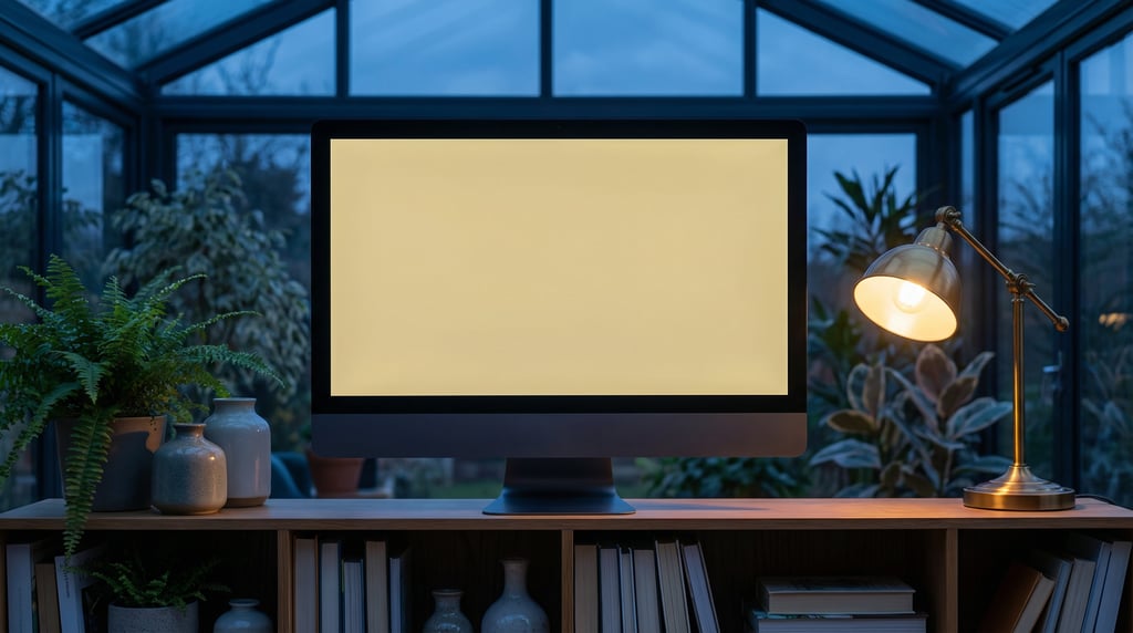 Large desktop monitor on a bookshelf, blank solid pale gold screen with no content or UI