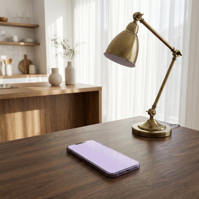 Smartphone on a dark walnut desk, blank solid soft lavender screen with no content or UI