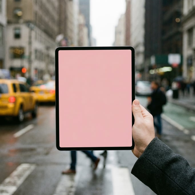 Hand holding a pro tablet with blurred city street behind
