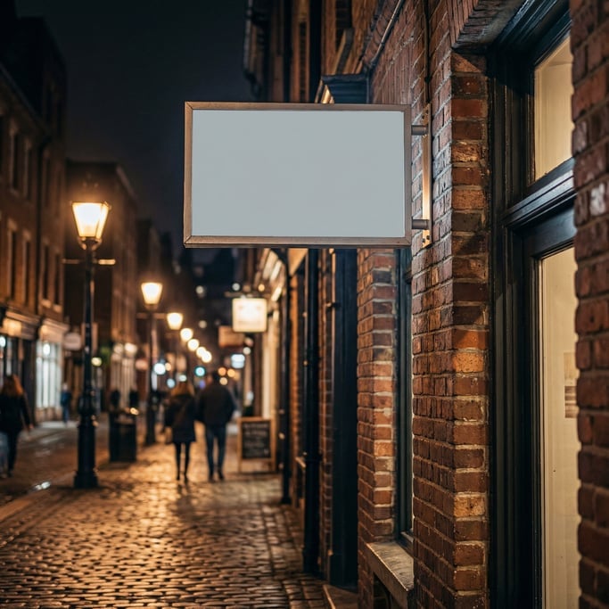 Metal bracket blade sign at a building entrance