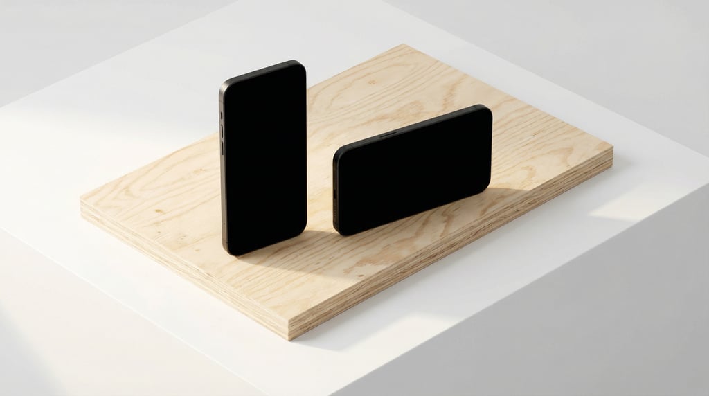 Isometric view, two smartphones side by side one portrait one landscape on a raw plywood desk