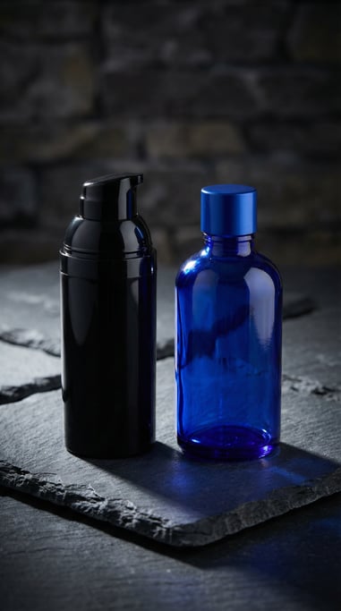 Airless pump container in glossy black and round glass bottle with cap in cobalt blue glass