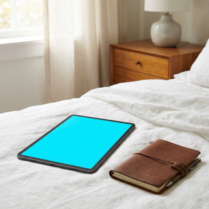 Slim tablet on a soft white bedsheets, blank solid arctic blue screen with no content or UI