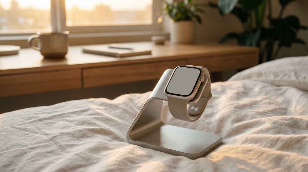 Smartwatch on a stand on a soft white bedsheets, blank solid dove grey watch face with no content