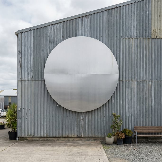 Round wall-mounted sign on a corrugated metal wall