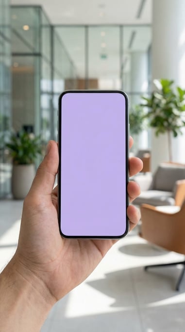 Hand holding a smartphone in a modern office lobby