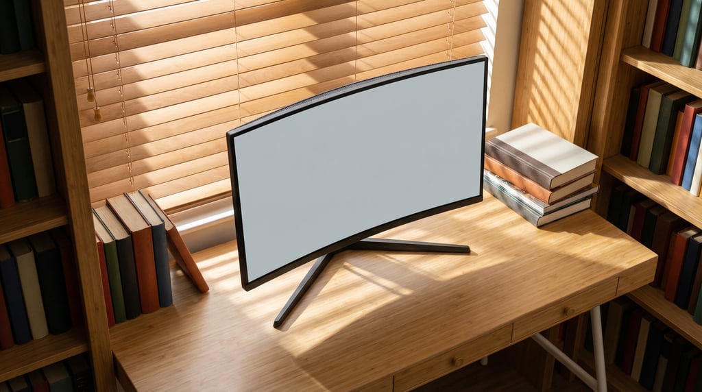 Curved gaming monitor on a bamboo desk, blank solid light grey screen with no content or UI