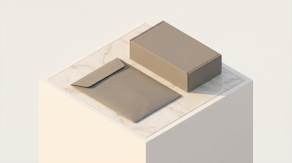 Isometric view, flat paper envelope bag in matte warm grey, next to a matching box
