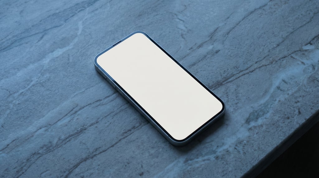 Smartphone lying face up on a stone countertop, blank solid pearl screen with no content