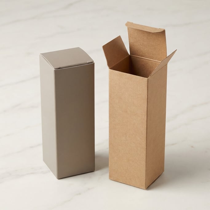 Tall narrow product box, pair of boxes one open one closed