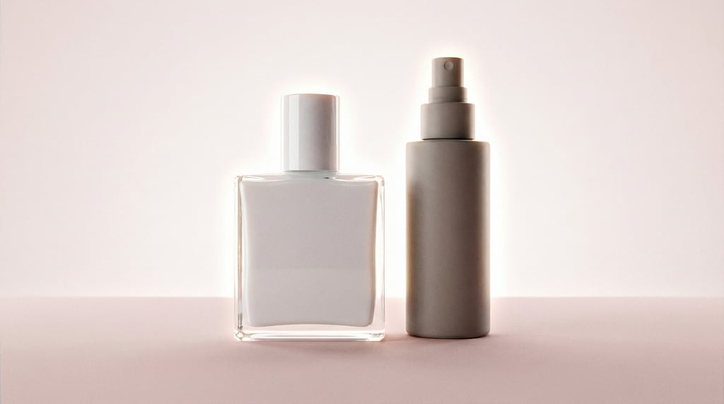 Square glass bottle in glossy white and spray bottle in matte warm grey
