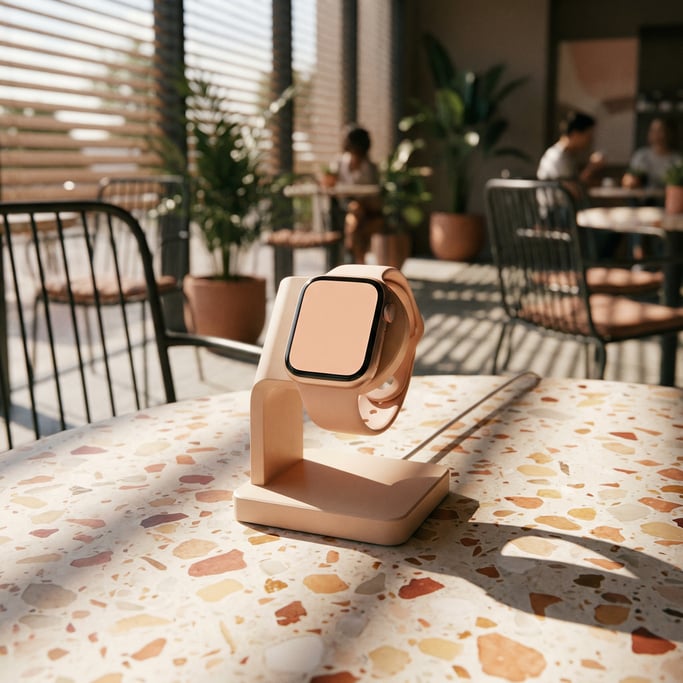 Smartwatch on a stand on a terrazzo surface, blank solid soft peach watch face with no content