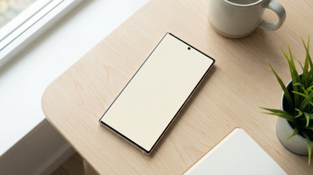Large-screen smartphone on a light birch desk, blank solid ivory screen with no content or UI