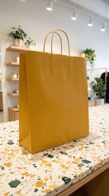 Large retail shopping bag in matte mustard, standing upright