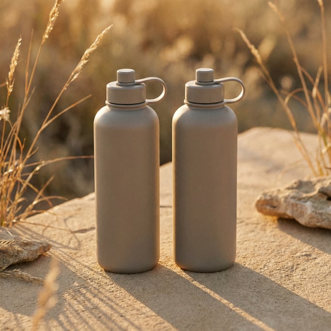 Sports bottle in matte warm grey, two side by side