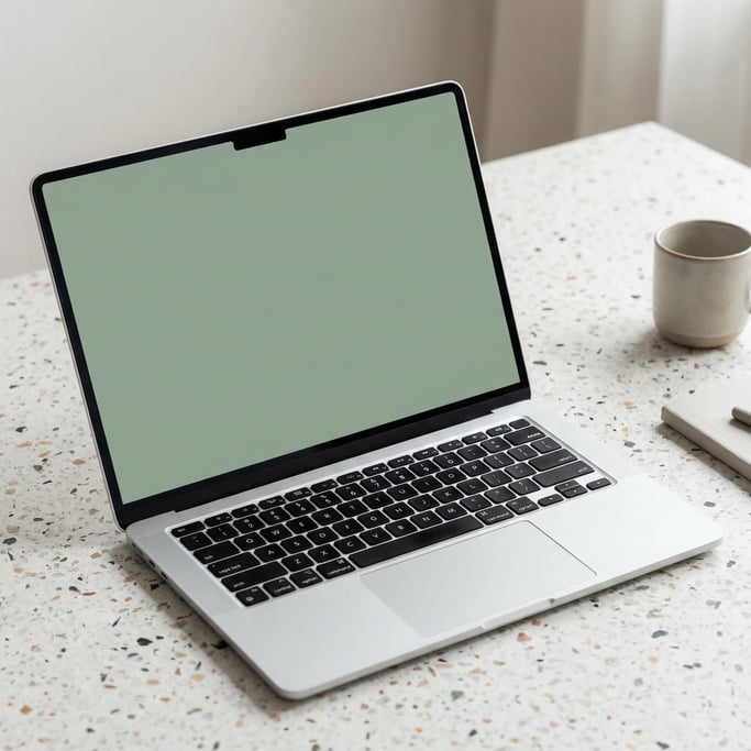 Thin modern laptop on a terrazzo surface, blank solid soft sage screen with no content or UI
