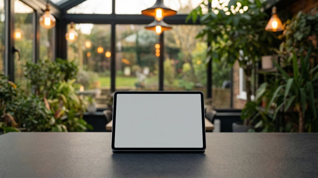 Slim tablet on a dark matte desk, blank solid light grey screen with no content or UI