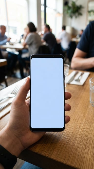 Hand holding a large-screen smartphone at a table in a restaurant