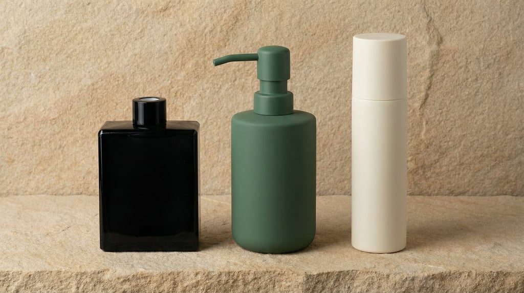 Square glass bottle in glossy black and soap dispenser in matte forest green and spray bottle in mat