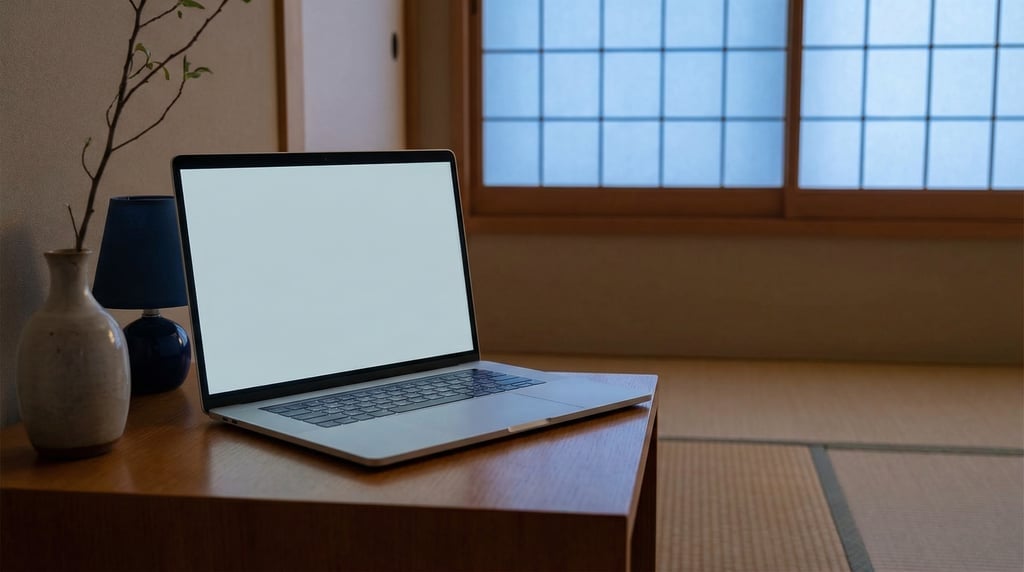 Premium laptop on a nightstand, blank solid light grey screen with no content or UI