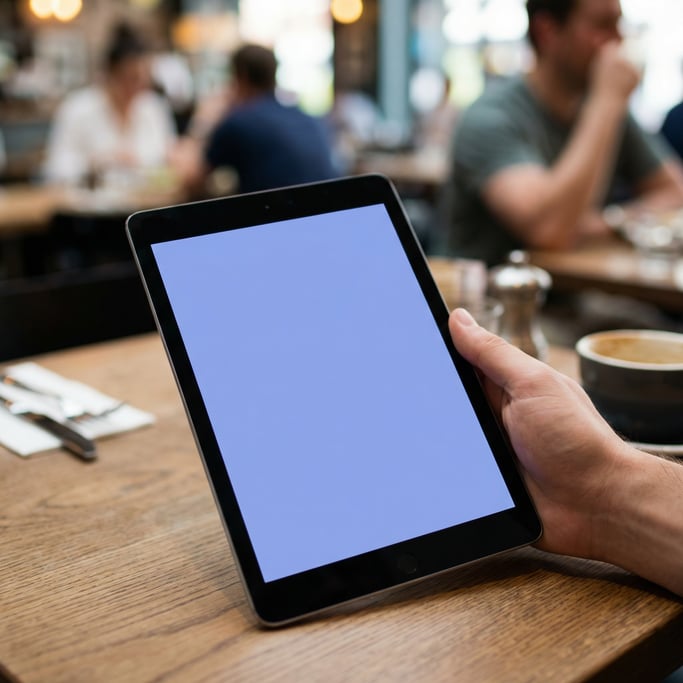 Hand holding a tablet at a table in a restaurant