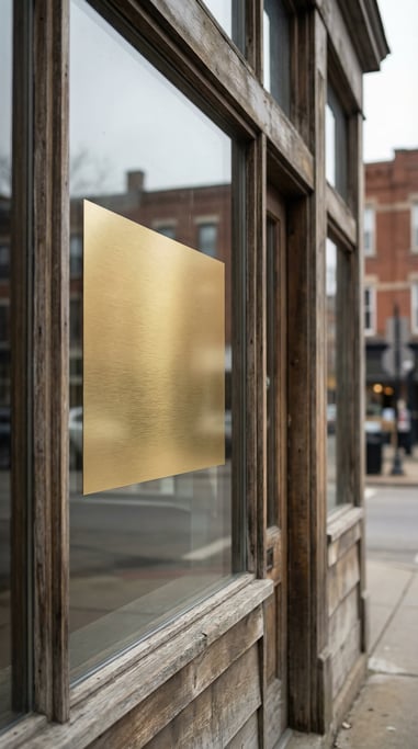 Window decal on glass storefront attached to a wooden building facade