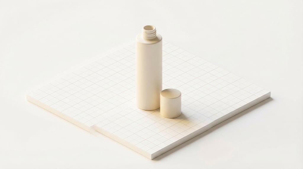 Isometric view, tall slim glass bottle in matte ivory, single with cap removed beside it