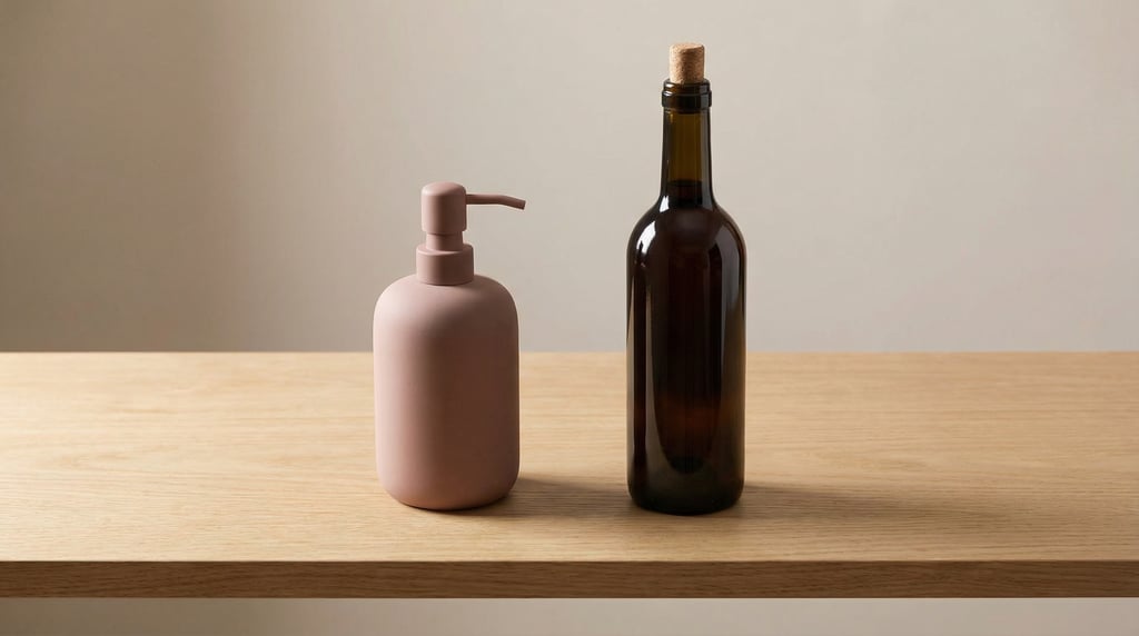 Lotion pump bottle in matte dusty rose and wine bottle in amber glass