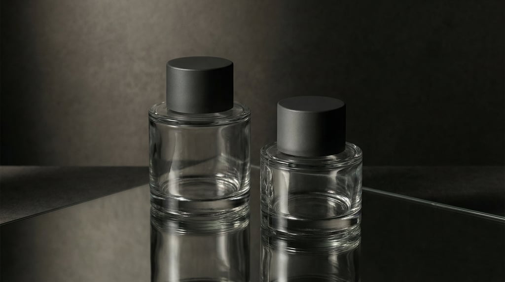 Round glass bottle with cap in matte charcoal, pair one tall one short
