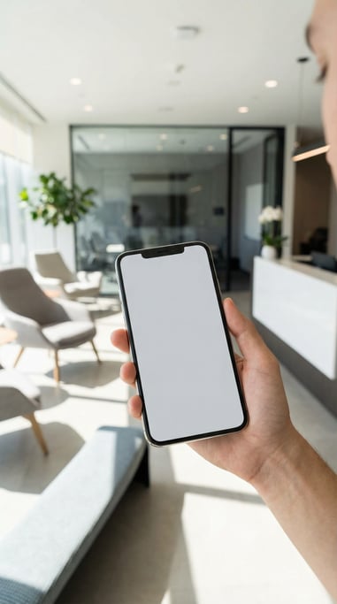 Hand holding a large-screen smartphone in a modern office lobby