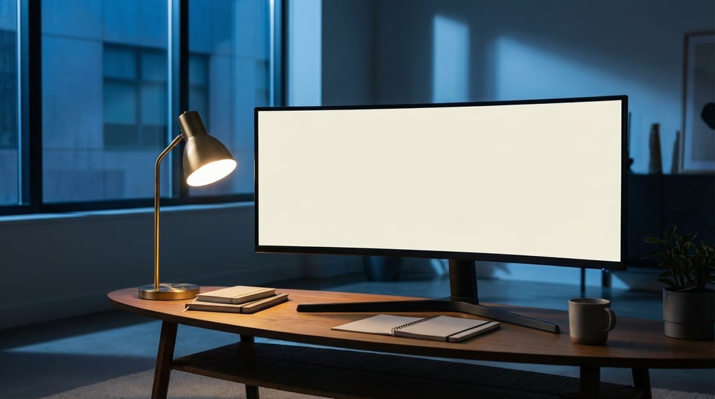 Ultrawide curved monitor on a coffee table, blank solid off-white screen with no content or UI