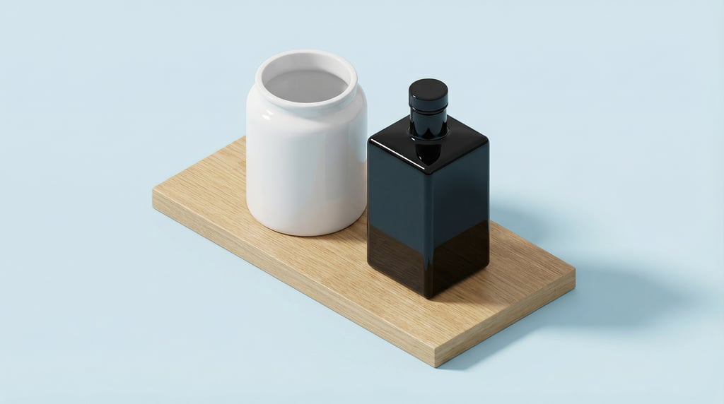 Isometric view, wide-mouth jar in glossy white and square glass bottle in glossy black