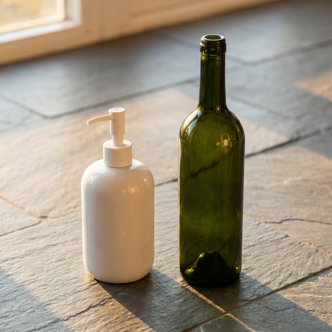 Pump dispenser bottle in glossy white and wine bottle in dark green glass