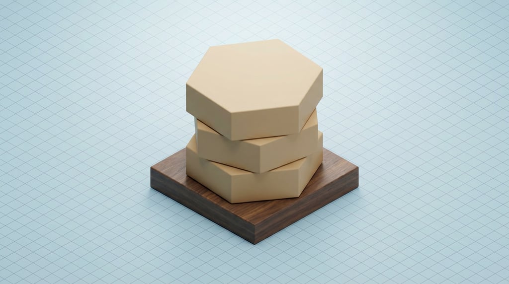 Isometric view, hexagonal box, boxes stacked vertically on a pedestal, matte sand finish