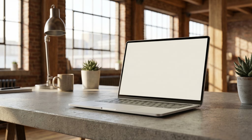 Lightweight laptop on a concrete desk, blank solid off-white screen with no content or UI