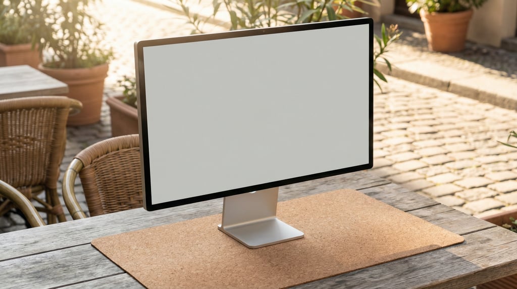 Desktop monitor on a cork desk surface, blank solid light grey screen with no content or UI