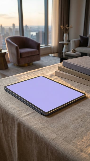 Pro tablet on a linen tablecloth, blank solid soft lavender screen with no content or UI