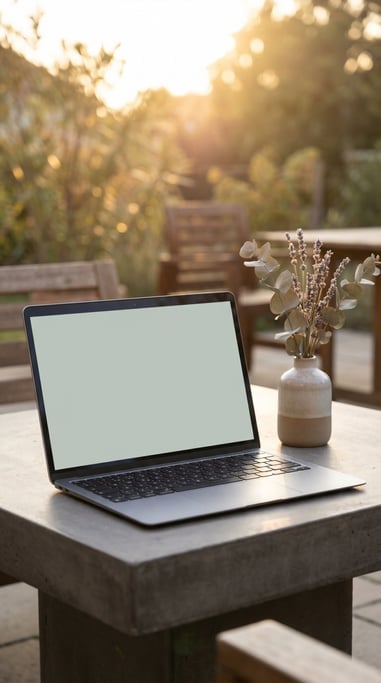 Lightweight laptop on a dark concrete surface, blank solid pale grey screen with no content or UI