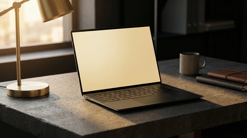Modern laptop with thin bezels on a dark concrete surface
